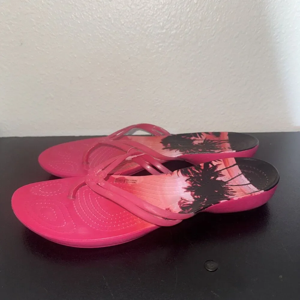Crocs Isabella 204196 Jelly Pink Black Palm Trees Flip Flops Womens SIZE 10